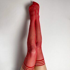 Kix'ies Joely Red Rhinestone Fishnets Thigh-Highs Stockings